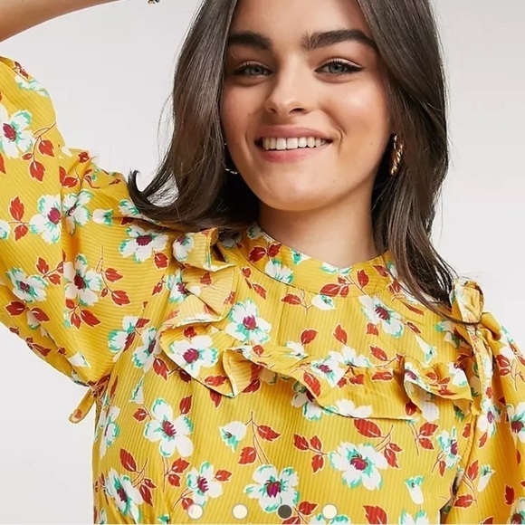ASOS DESIGN frill neck midi tea dress in yellow floral print open back size‎ 4 - Picture 3 of 15